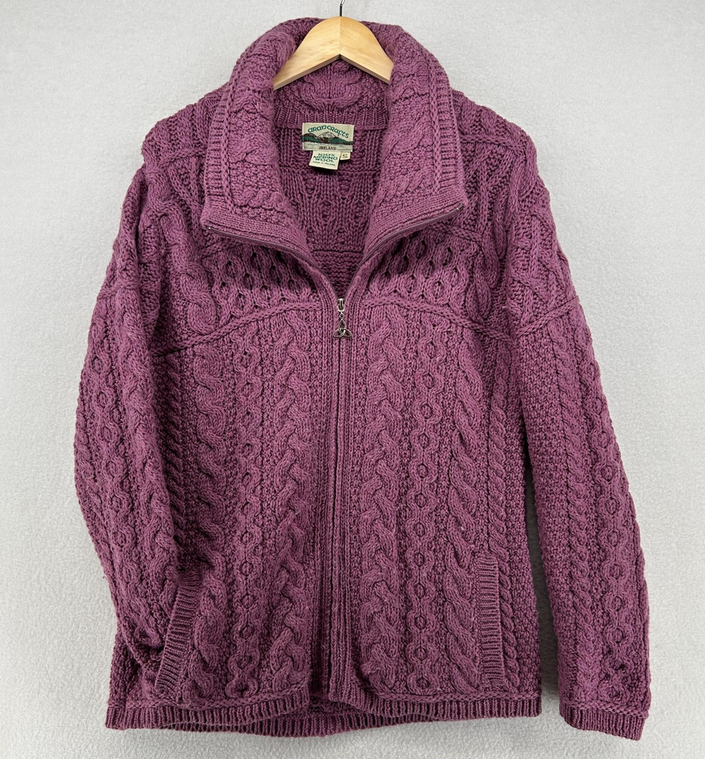 ARAN CRAFTS Sweater Womens S Merino Wool Fisherman Cardigan Zip Up Purple